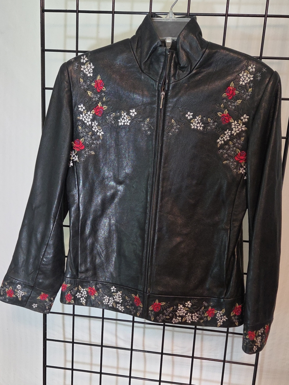 Kasper Black Leather Jacket with Red & White Floral Embroidery